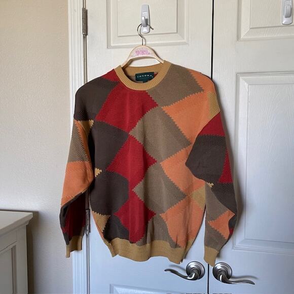 Tundra Crew Neck Sweater Color Block Argyle 100% Cotton Relaxed Men's Medium - Picture 11 of 11